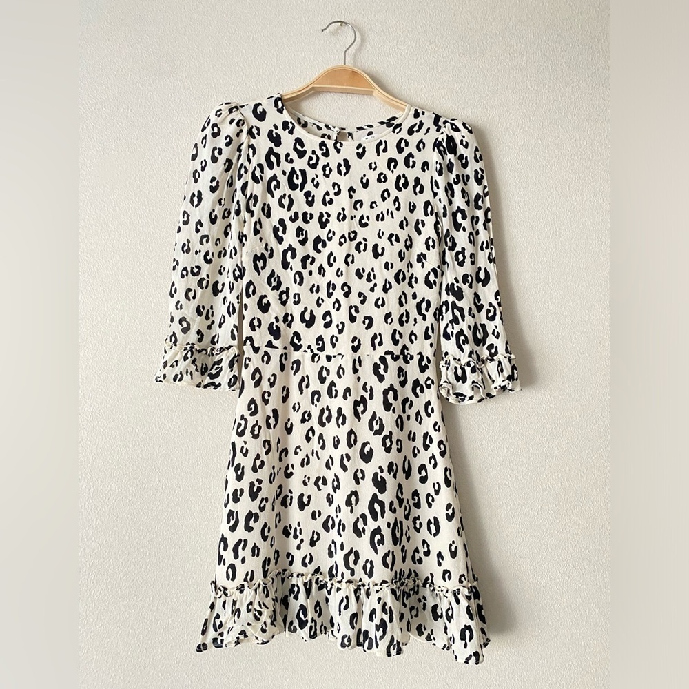 Reformation Doutzen Dress in Snow Leopard White Black Ruffle Mini Dress Size 2